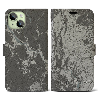【富士宮（静岡県）】地図柄iPhoneケース（手帳タイプ）モノトーン・iPhone 15 用
