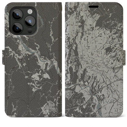 【富士宮（静岡県）】地図柄iPhoneケース（手帳タイプ）モノトーン・iPhone 15 Pro Max 用