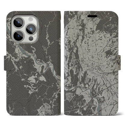 【富士宮（静岡県）】地図柄iPhoneケース（手帳タイプ）モノトーン・iPhone 15 Pro 用