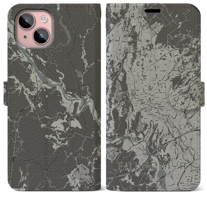 【富士宮（静岡県）】地図柄iPhoneケース（手帳タイプ）モノトーン・iPhone 15 Plus 用