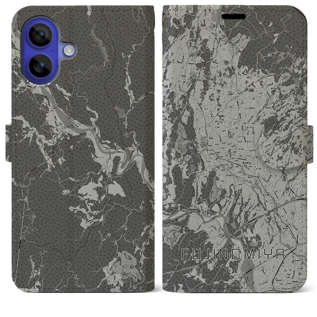 【富士宮(静岡県)】地図柄iPhoneケース(手帳タイプ)モノトーン・iPhone 16 Pro Max 用