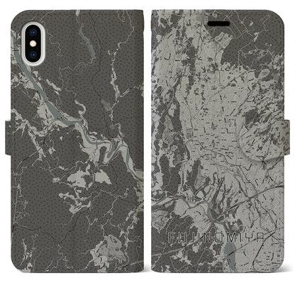 【富士宮（静岡県）】地図柄iPhoneケース（手帳タイプ）モノトーン・iPhone XS Max 用