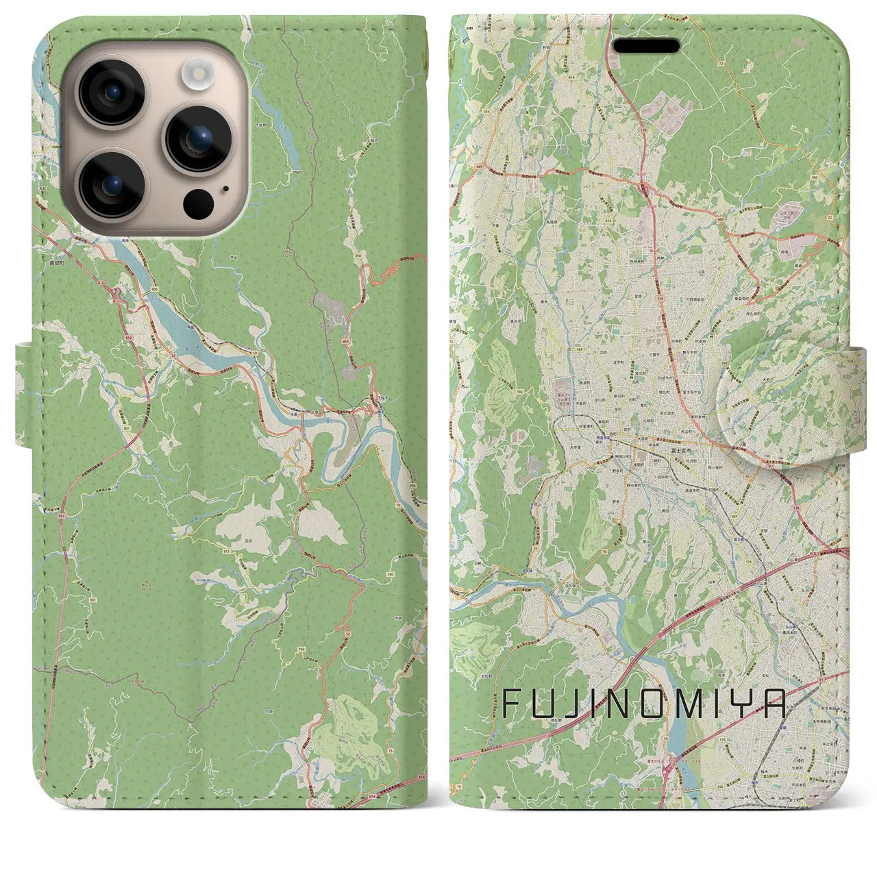 【富士宮（静岡県）】地図柄iPhoneケース（手帳タイプ）ナチュラル・iPhone 16 Plus 用