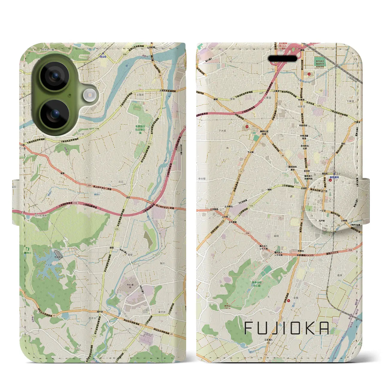 【藤岡2（群馬県）】地図柄iPhoneケース（手帳タイプ）モノトーン・iPhone 17 Pro Max 用