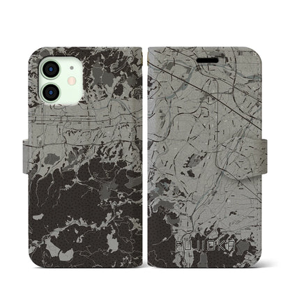 【藤岡（群馬県）】地図柄iPhoneケース（手帳タイプ）モノトーン・iPhone 12 mini 用
