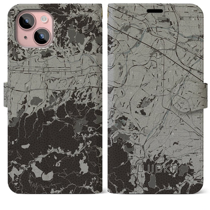 【藤岡（群馬県）】地図柄iPhoneケース（手帳タイプ）モノトーン・iPhone 15 Plus 用