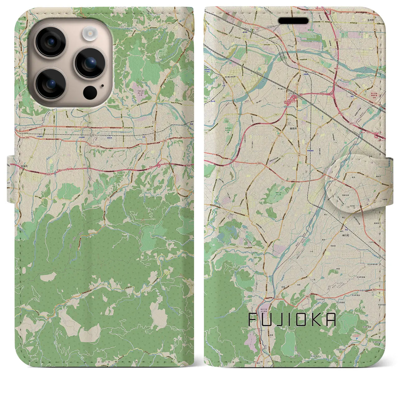 【藤岡（群馬県）】地図柄iPhoneケース（手帳タイプ）ナチュラル・iPhone 16 Plus 用