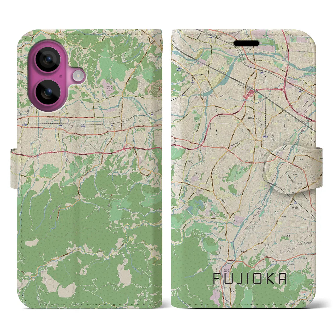 【藤岡（群馬県）】地図柄iPhoneケース（手帳タイプ）ナチュラル・iPhone 16 Pro 用