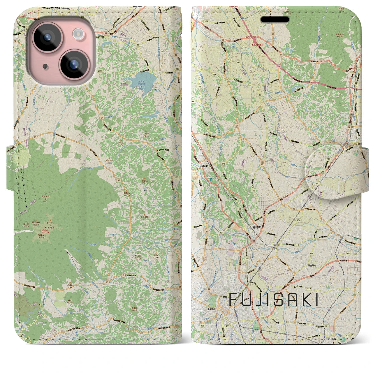 【藤崎（青森県）】地図柄iPhoneケース（手帳タイプ）ナチュラル・iPhone 15 Plus 用