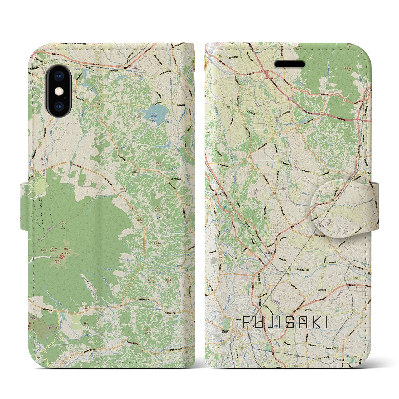 【藤崎（青森県）】地図柄iPhoneケース（手帳タイプ）ナチュラル・iPhone XS / X 用