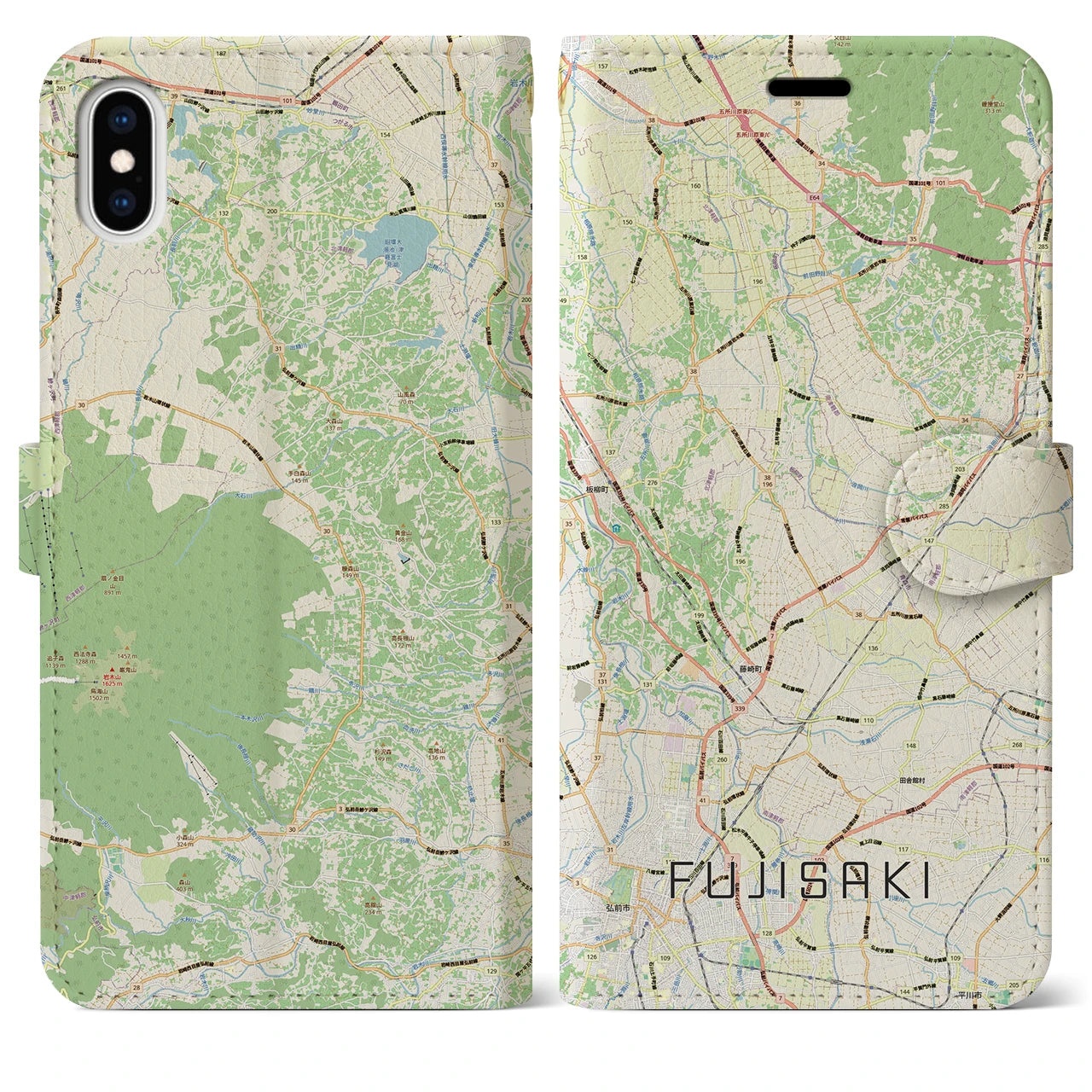 【藤崎（青森県）】地図柄iPhoneケース（手帳タイプ）ナチュラル・iPhone XS Max 用