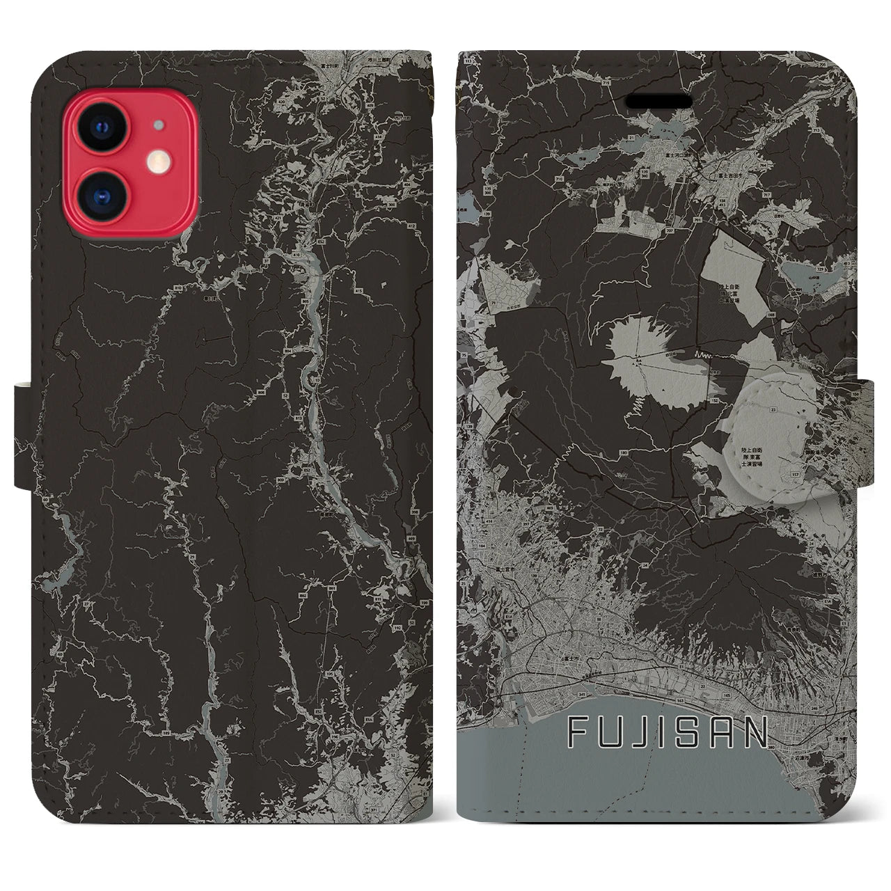 【富士山】地図柄iPhoneケース（手帳両面タイプ・モノトーン）iPhone 11 用