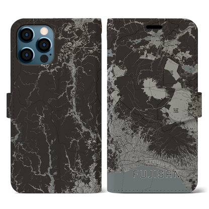 【富士山（静岡県）】地図柄iPhoneケース（手帳タイプ）モノトーン・iPhone 12 / 12 Pro 用