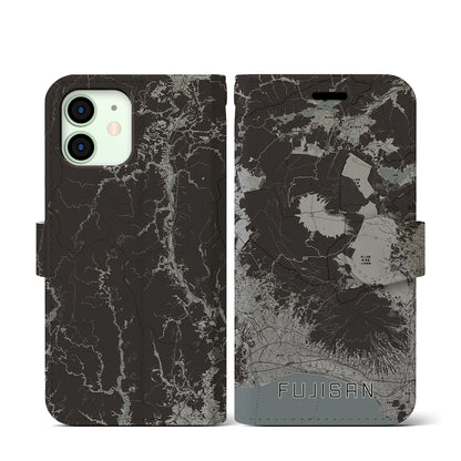 【富士山（静岡県）】地図柄iPhoneケース（手帳タイプ）モノトーン・iPhone 12 mini 用