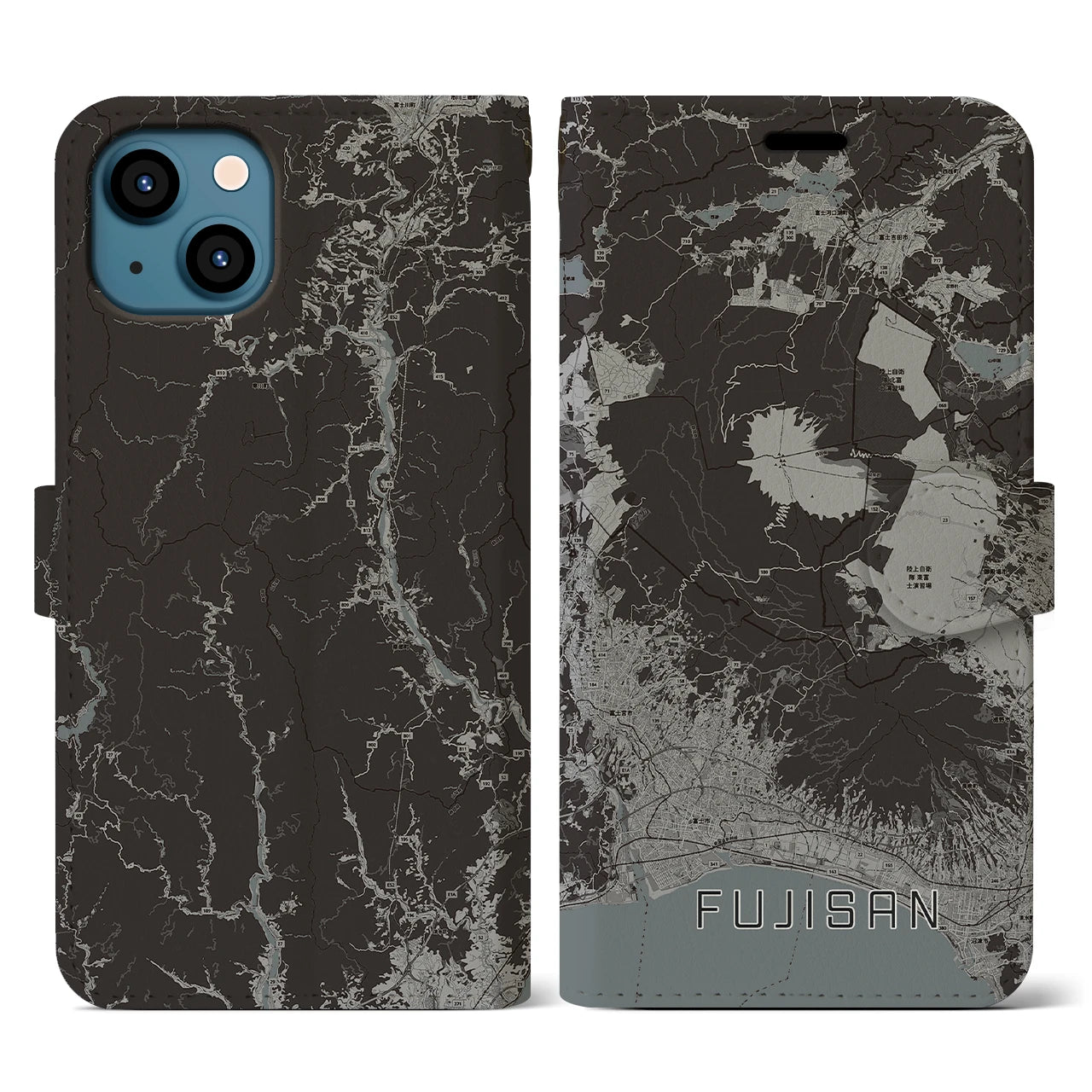 【富士山】地図柄iPhoneケース（手帳両面タイプ・モノトーン）iPhone 13 用