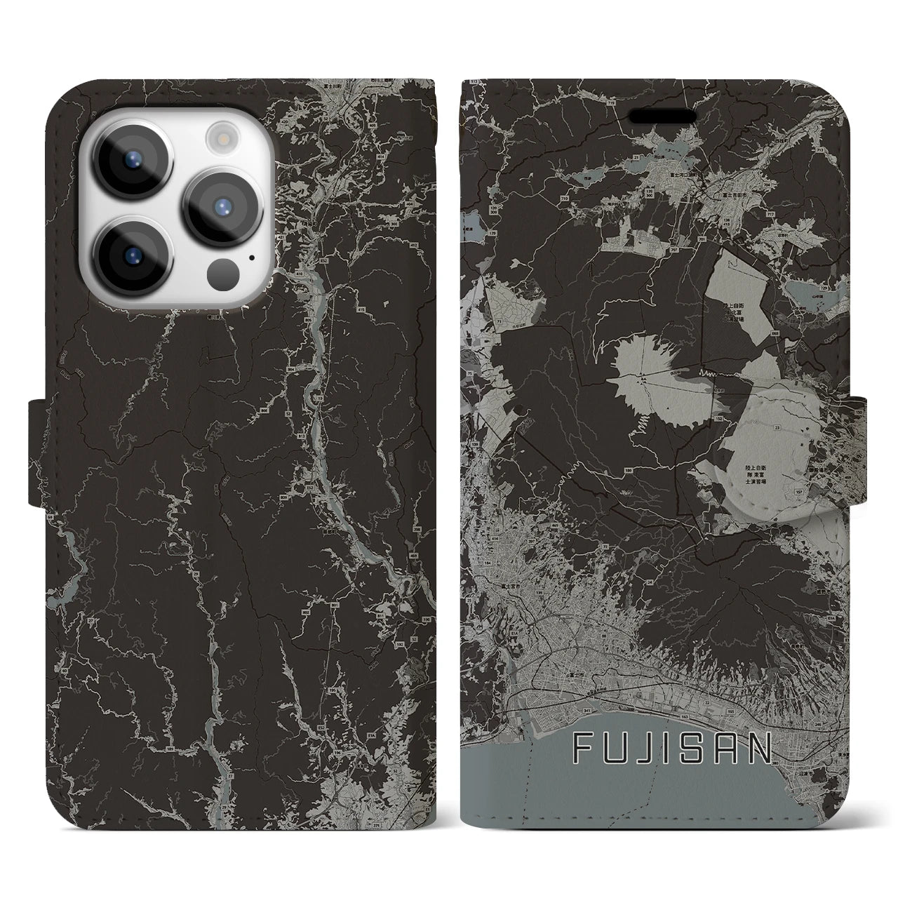 【富士山】地図柄iPhoneケース（手帳両面タイプ・モノトーン）iPhone 14 Pro 用