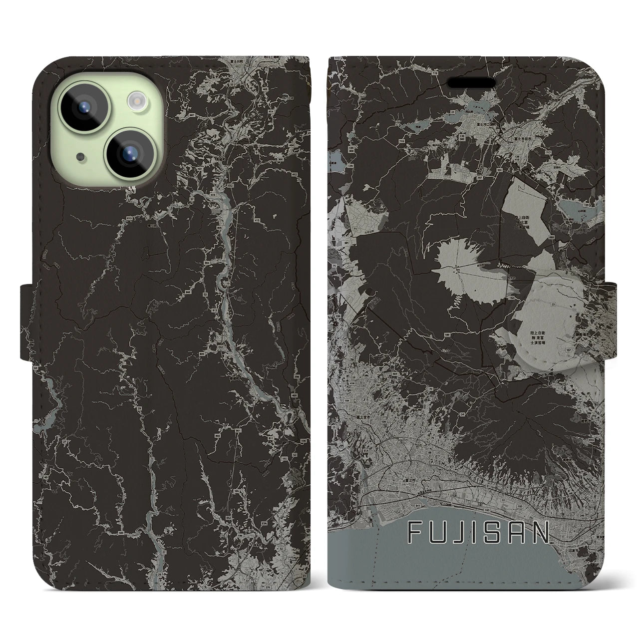 【富士山】地図柄iPhoneケース（手帳両面タイプ・モノトーン）iPhone 15 用