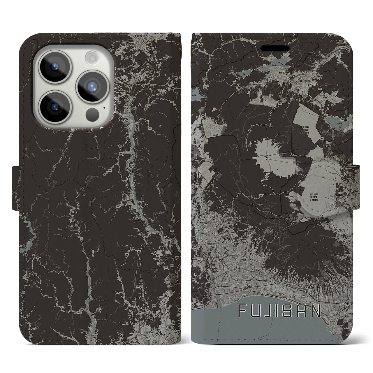 【富士山】地図柄iPhoneケース（手帳両面タイプ・モノトーン）iPhone 15 Pro 用