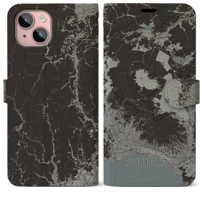 【富士山（静岡県）】地図柄iPhoneケース（手帳タイプ）モノトーン・iPhone 15 Plus 用