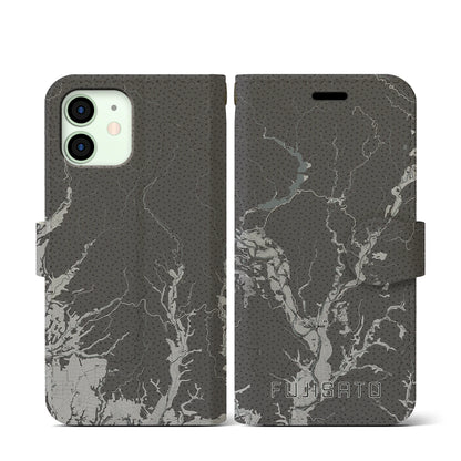 【藤里（秋田県）】地図柄iPhoneケース（手帳タイプ）モノトーン・iPhone 12 mini 用