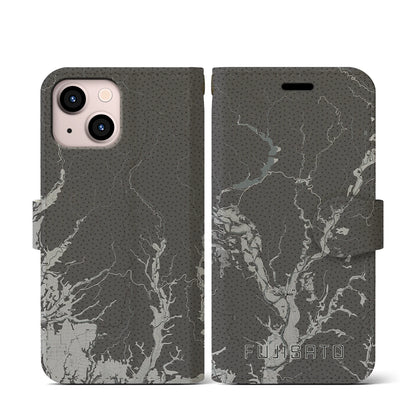 【藤里（秋田県）】地図柄iPhoneケース（手帳タイプ）モノトーン・iPhone 13 mini 用