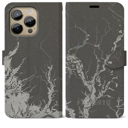 【藤里（秋田県）】地図柄iPhoneケース（手帳タイプ）モノトーン・iPhone 14 Pro Max 用