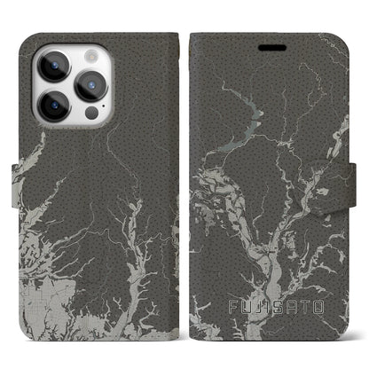 【藤里（秋田県）】地図柄iPhoneケース（手帳タイプ）モノトーン・iPhone 14 Pro 用