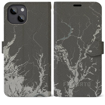 【藤里（秋田県）】地図柄iPhoneケース（手帳タイプ）モノトーン・iPhone 14 Plus 用