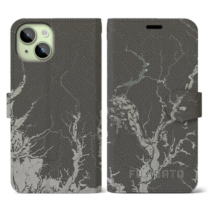 【藤里（秋田県）】地図柄iPhoneケース（手帳タイプ）モノトーン・iPhone 15 用