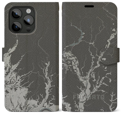 【藤里（秋田県）】地図柄iPhoneケース（手帳タイプ）モノトーン・iPhone 15 Pro Max 用