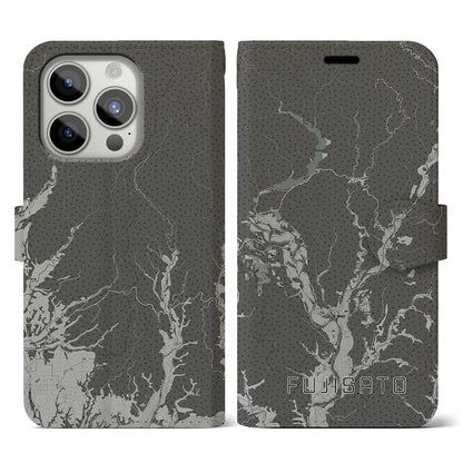 【藤里（秋田県）】地図柄iPhoneケース（手帳タイプ）モノトーン・iPhone 15 Pro 用