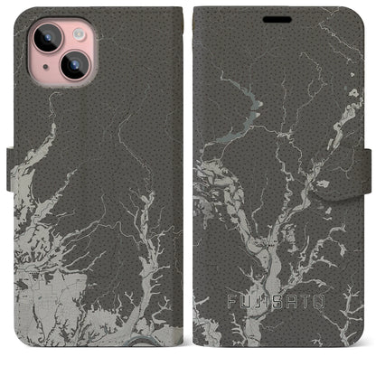 【藤里（秋田県）】地図柄iPhoneケース（手帳タイプ）モノトーン・iPhone 15 Plus 用