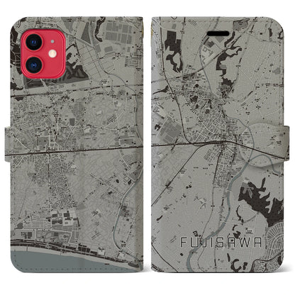 【藤沢（神奈川県）】地図柄iPhoneケース（手帳タイプ）モノトーン・iPhone 11 用