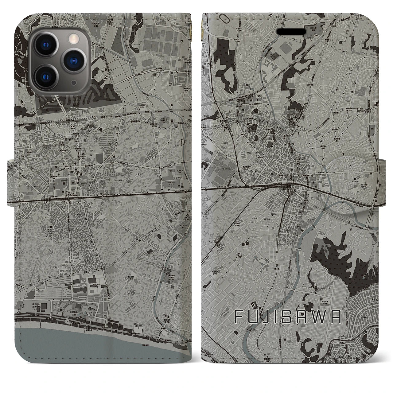 【藤沢】地図柄iPhoneケース（手帳両面タイプ・モノトーン）iPhone 11 Pro Max 用