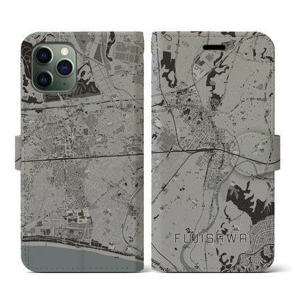 【藤沢（神奈川県）】地図柄iPhoneケース（手帳タイプ）モノトーン・iPhone 11 Pro 用