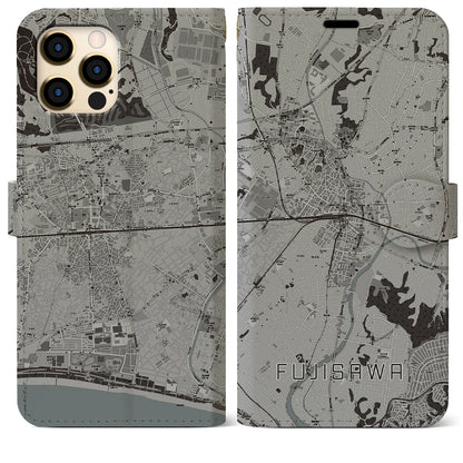【藤沢（神奈川県）】地図柄iPhoneケース（手帳タイプ）モノトーン・iPhone 12 Pro Max 用