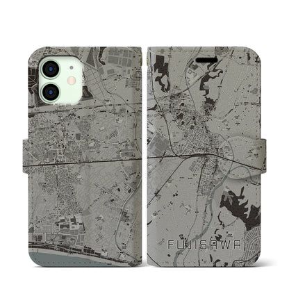【藤沢（神奈川県）】地図柄iPhoneケース（手帳タイプ）モノトーン・iPhone 12 mini 用