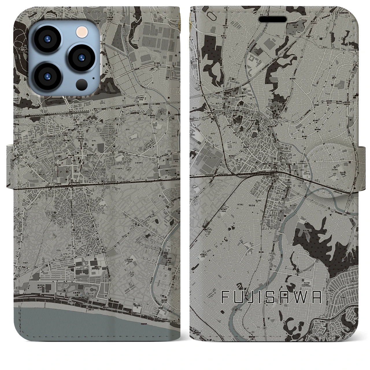 【藤沢】地図柄iPhoneケース（手帳両面タイプ・モノトーン）iPhone 13 Pro Max 用