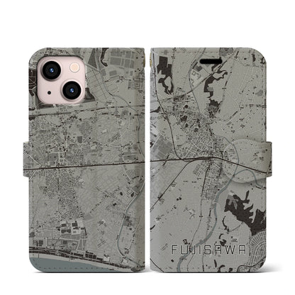 【藤沢（神奈川県）】地図柄iPhoneケース（手帳タイプ）モノトーン・iPhone 13 mini 用