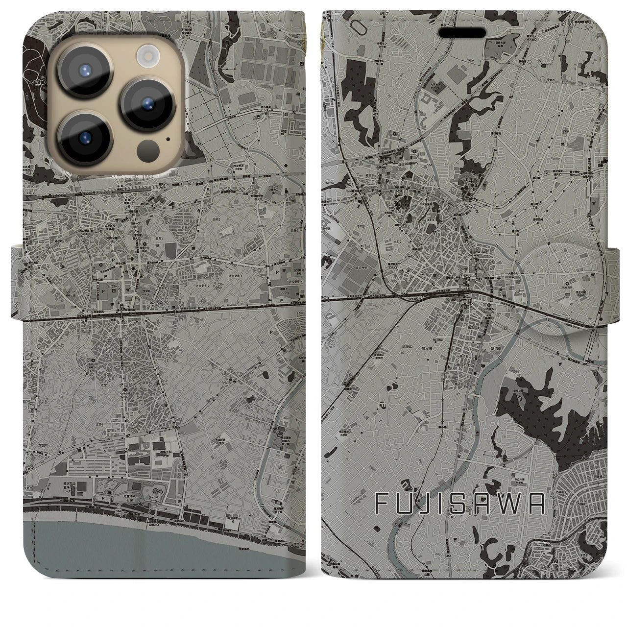 【藤沢】地図柄iPhoneケース（手帳両面タイプ・モノトーン）iPhone 14 Pro Max 用