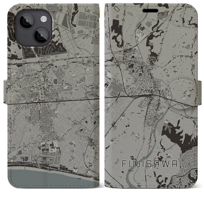 【藤沢（神奈川県）】地図柄iPhoneケース（手帳タイプ）モノトーン・iPhone 14 Plus 用