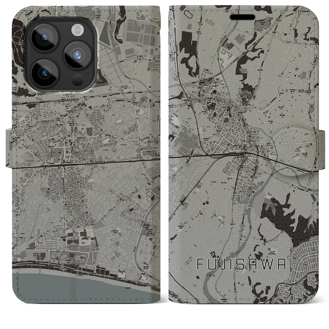【藤沢】地図柄iPhoneケース（手帳両面タイプ・モノトーン）iPhone 15 Pro Max 用