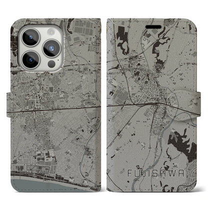 【藤沢（神奈川県）】地図柄iPhoneケース（手帳タイプ）モノトーン・iPhone 15 Pro 用