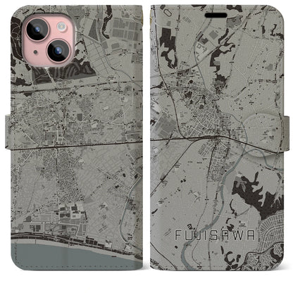 【藤沢（神奈川県）】地図柄iPhoneケース（手帳タイプ）モノトーン・iPhone 15 Plus 用