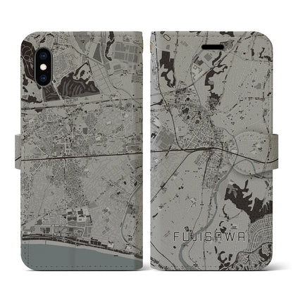 【藤沢（神奈川県）】地図柄iPhoneケース（手帳タイプ）モノトーン・iPhone XS / X 用