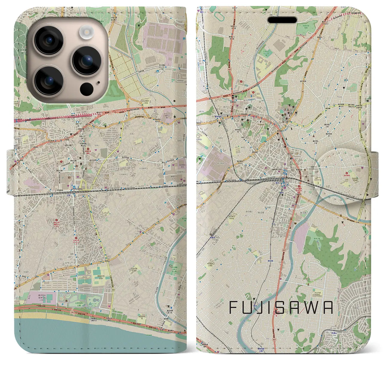 【藤沢（神奈川県）】地図柄iPhoneケース（手帳タイプ）ナチュラル・iPhone 16 Plus 用