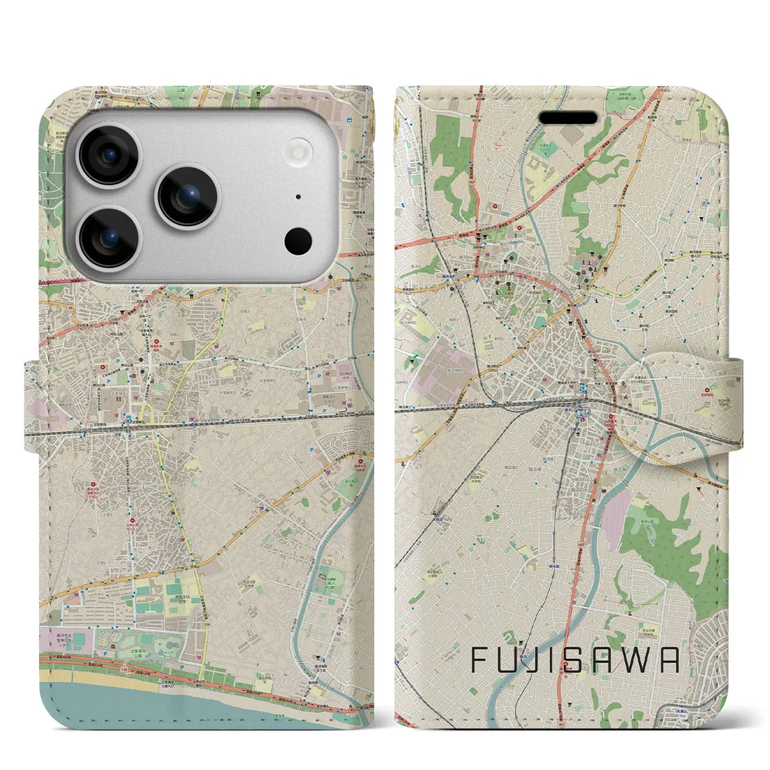 【藤沢(神奈川県)】地図柄iPhoneケース(手帳タイプ)ナチュラル・iPhone 17 Pro Max 用