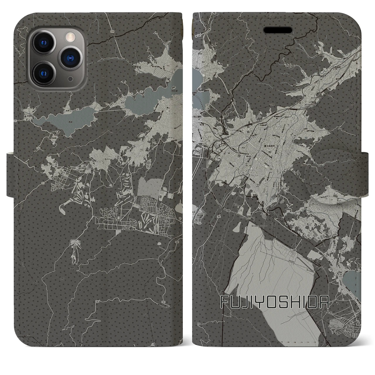 【富士吉田】地図柄iPhoneケース（手帳両面タイプ・モノトーン）iPhone 11 Pro Max 用