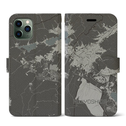 【富士吉田（山梨県）】地図柄iPhoneケース（手帳タイプ）モノトーン・iPhone 11 Pro 用