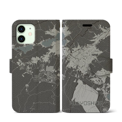 【富士吉田（山梨県）】地図柄iPhoneケース（手帳タイプ）モノトーン・iPhone 12 mini 用